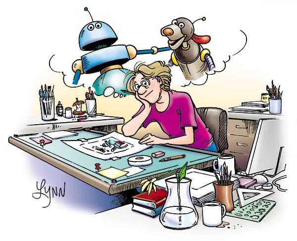 A self-portrait of Lynn at her drafting table.