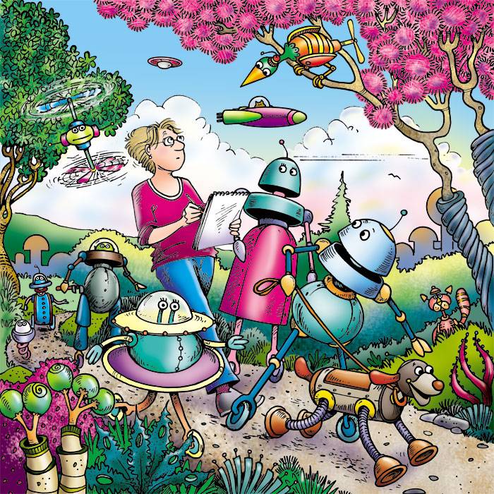 A self portrait of Lynn walking with the Alottabotz&reg; on their world!